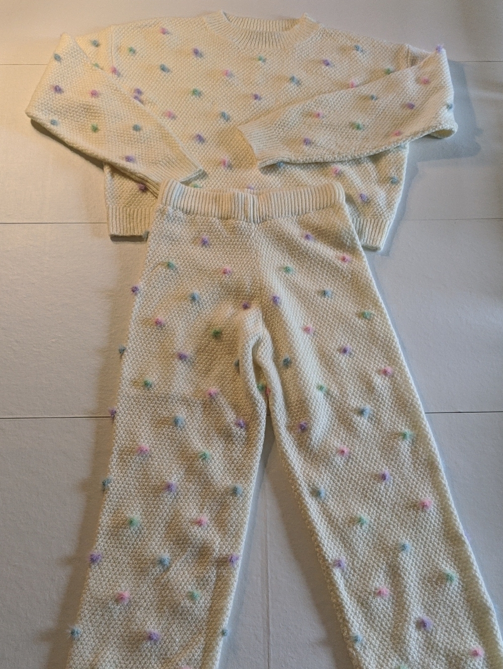 Knittenish Cream Knit Two-Piece Set with Pastel Pom Dots - S